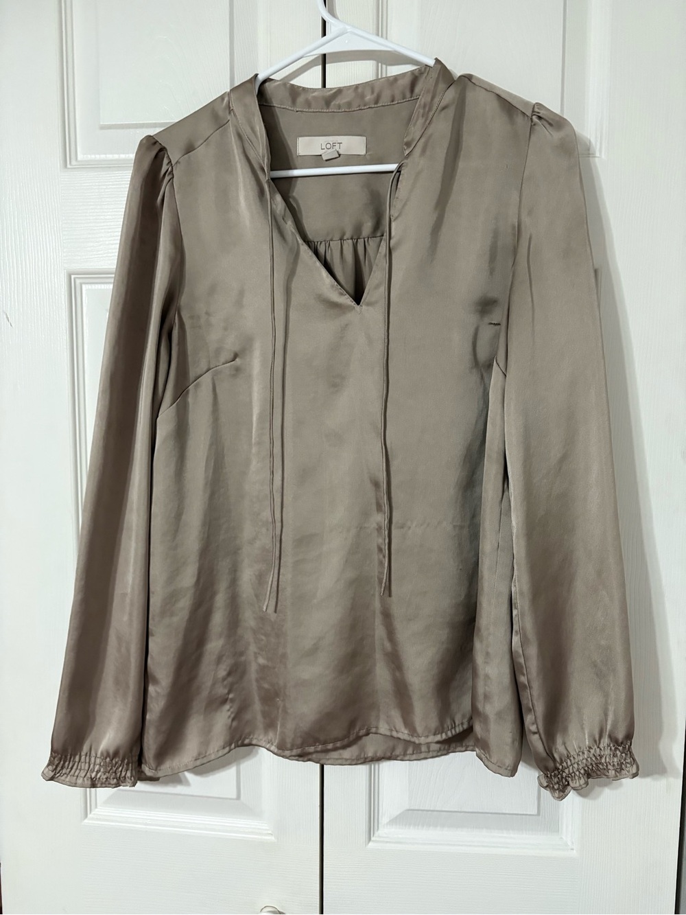 LOFT Taupe Satin V-Neck Tie-Front Long Sleeve Blouse